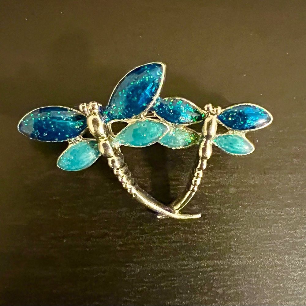 VTG Double Dragonfly Silver Tone Aqua Enamel Pin Brooch Mom and Baby